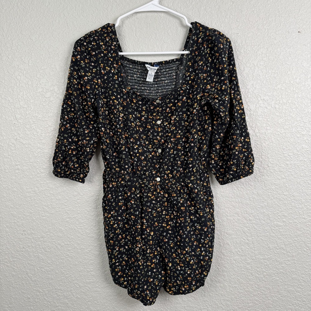 Arizona Jean Co Romper Womens Medium Black Floral Smocked 3/4 Sleeve Button Up